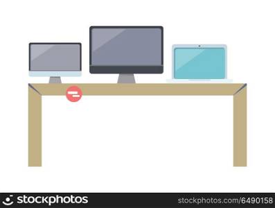 Table with Computer Devices. Table with computer devices - two monitors and laptop with blank screens. Cunter of computer store. Electronics retail store. Isolated object on white background. Vector illustration