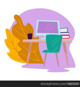Table with computer screen, books and pencils. Workplace of student for studying and doing homework, office of freelancer of worker. Literature and publications on desk, vector in flat style. Workplace with laptop, books and school supplies vector