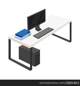 Table with computer semi flat color vector object. Full sized item on white. Space for remote job. Workplace environment simple cartoon style illustration for web graphic design and animation. Table with computer semi flat color vector object