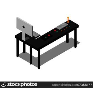 Table with control buttons set and power computer isolated on white background black furniture with remote controllers, colorful vector illustration. Table with Control Buttons Set and Power Computer