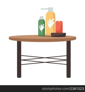 Table with cosmetic products and candle semi flat color vector object. Full sized item on white. Natural, organic skin care goods simple cartoon style illustration for web graphic design and animation. Table with cosmetic products and candle semi flat color vector object