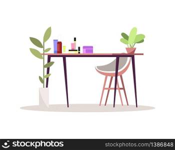 Table with cosmetic products semi flat RGB color vector illustration. Makeup application place. Space for female skincare. Woman beauty counter isolated cartoon object on white background. Table with cosmetic products semi flat RGB color vector illustration