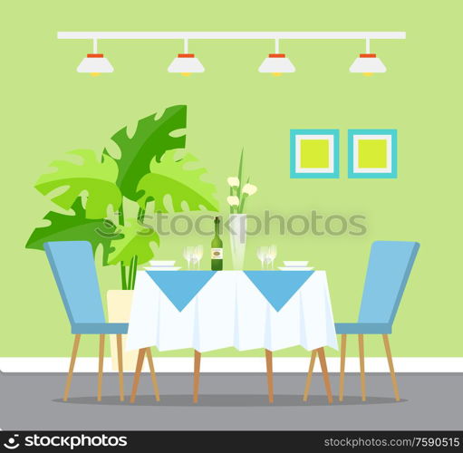 Table with dinner setting, restaurant interior design vector. Wine and glasses, plates and bowls, flowers in vase and indoor plant, picture and lamps. Restaurant Interior Design, Table Dinner Setting