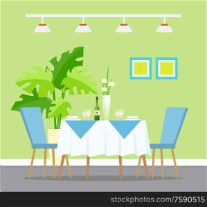 Table with dinner setting, restaurant interior design vector. Wine and glasses, plates and bowls, flowers in vase and indoor plant, picture and lamps. Restaurant Interior Design, Table Dinner Setting