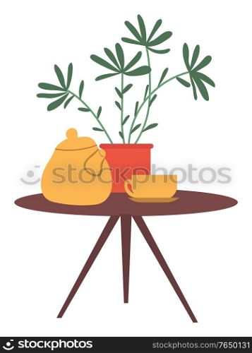 Table with flower in pot decor, kettle and cup on saucer. Vector tea ceremony symbols, home interior design. Porcelain utensils to drink coffee, morning drink. Table with Flower in Pot Decor. Kettle Cup Saucer