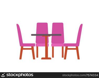 Table with four chairs isolated on white. Vector pieces of furniture for cafe, restaurant or home kitchen design. Empty desktop and seats, place for dinner. Table with Four Chairs Isolated. Vector Furniture