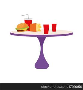 Table with junk food semi flat color vector object. Full sized item on white. Hamburger, french fries and carbonated drinks isolated modern cartoon style illustration for graphic design and animation. Table with junk food semi flat color vector object