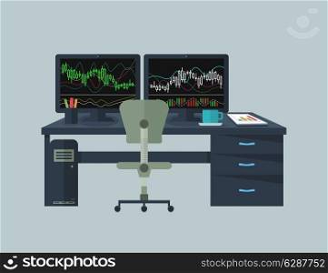 Table with monitors of schedules of the auctions. A vector illustration