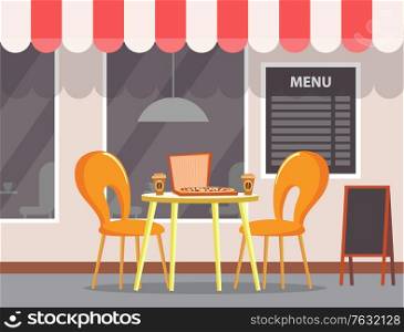 Table with pizza and coffee plastic cups. Pizzeria cafe, exterior of bistro shop with canopy on roof. Seats for people, eating meal outside. Vector illustration in flat cartoon style. Pizzeria Outdoor Terrasse, Menu Board with Meal