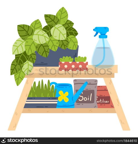 Table with potted plants, a spray bottle, bags of soil and fertilizer. Home plant growing. Eco hobby equipments. Vector illustration isolated on white background.