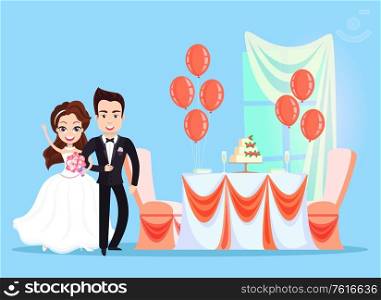 Table with wedding cake and decor vector, bride and groom, woman holding bouquet happy couple in love, balloons decoration, ribbons and stripes desk. Bride and Groom on Ceremony Wedding Day Decor