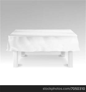 Tablecloth Vector. Realistic Empty Rectangular Table Isolated On White.. White Table With Tablecloth Vector. Empty 3D Rectangular Table Isolated. Illustration