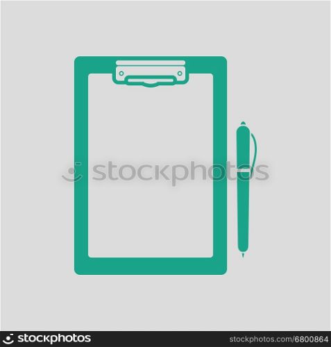 Tablet and pen icon. Gray background with green. Vector illustration.