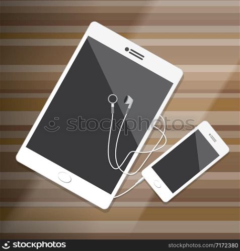 Tablet and Smartphone with Earphone on wood desktop Vector Illustration