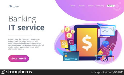 Tablet, bank card and manager using banking software for transactions. Core banking IT system, banking software, IT service concept. Website vibrant violet landing web page template.. Core banking IT system concept landing page.