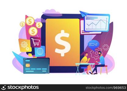 Tablet, bank card and manager using banking software for transactions. Core banking IT system, banking software, IT service concept. Bright vibrant violet vector isolated illustration. Core banking IT system concept vector illustration.