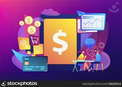 Tablet, bank card and manager using banking software for transactions. Core banking IT system, banking software, IT service concept. Bright vibrant violet vector isolated illustration. Core banking IT system concept vector illustration.