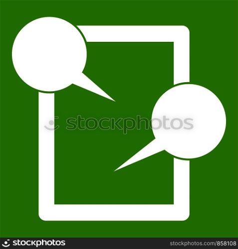 Tablet chatting icon white isolated on green background. Vector illustration. Tablet chatting icon green