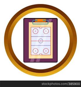 Tablet coach with tactical placement of teams vector icon in golden circle, cartoon style isolated on white background. Tablet coach with tactical placement vector icon