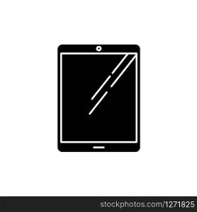 Tablet computer black glyph icon. Touch screen PC. Electronic gadget with touchpad. E-reader. Digital reading. Handheld mobile device. Silhouette symbol on white space. Vector isolated illustration
