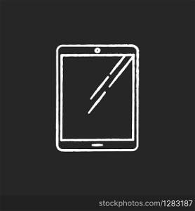 Tablet computer chalk white icon on black background. Touch screen PC. Electronic gadget with touchpad. E-reader. Digital reading. Handheld mobile device. Isolated vector chalkboard illustration