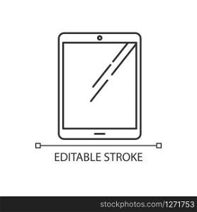 Tablet computer pixel perfect linear icon. Touch screen PC. Electronic gadget. Digital reading. Thin line customizable illustration. Contour symbol. Vector isolated outline drawing. Editable stroke