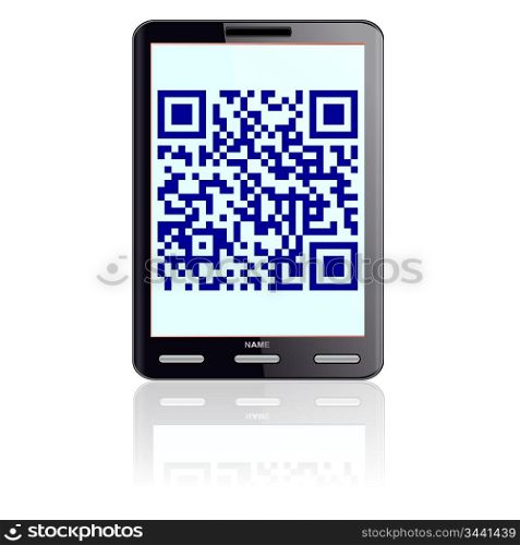 Tablet computer with QR code.