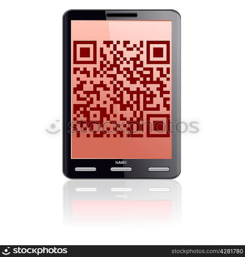 Tablet computer with QR code.