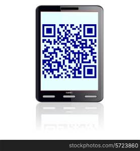 Tablet computer with QR code.