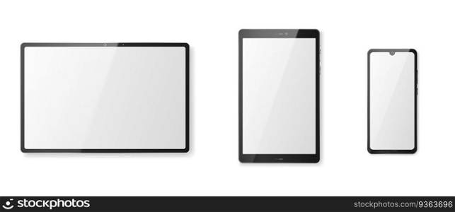 Tablet computer with white screen and black frame. Realistic mockup of modern smart gadget with blank digital display front view isolated on white background. Vector illustration. Tablet computer with white screen and black frame. Realistic mockup of modern smart gadget