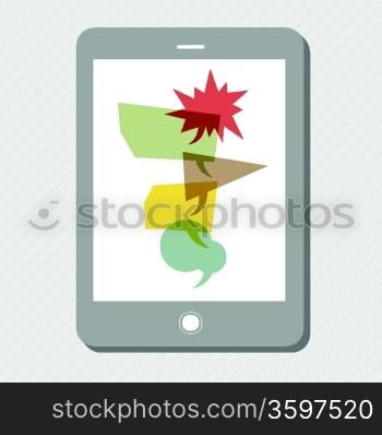 Tablet device with many speech bubbles. Vector
