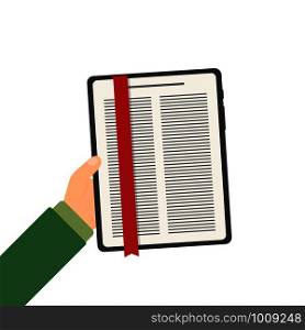 tablet e-book in hand in flat style, vector. tablet e-book in hand in flat style