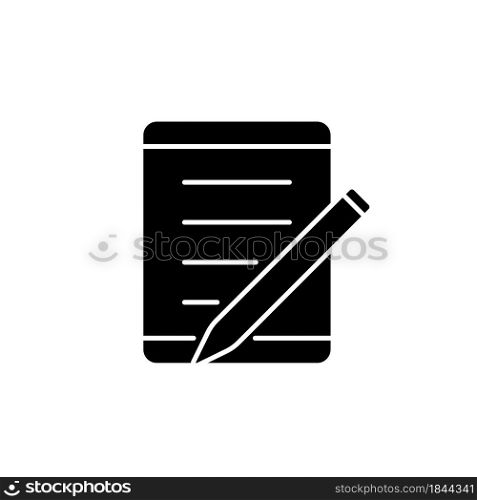 Tablet for school black glyph icon. Portable personal computer. Device for college students. Writing with stylus. Touchscreen interface. Silhouette symbol on white space. Vector isolated illustration. Tablet for school black glyph icon