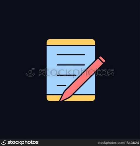 Tablet for school RGB color icon for dark theme. Portable personal computer. Device for college students. Isolated vector illustration on night mode background. Simple filled line drawing on black. Tablet for school RGB color icon for dark theme