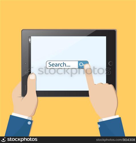 Tablet in the hands and search on tablet screen, stock vector illustration
