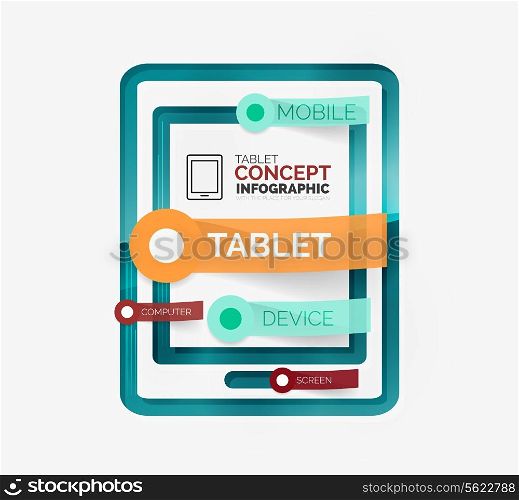 Tablet infographic scheme with tags on stickers - modern line art flat design