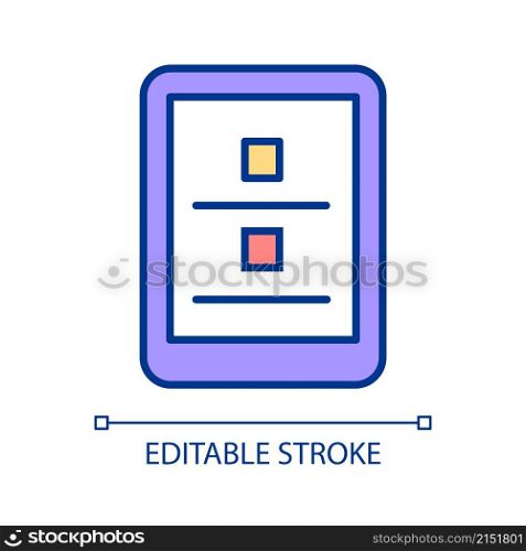 Tablet interface RGB color icon. Mobile and portable device. Tablet computer app and software. Isolated vector illustration. Simple filled line drawing. Editable stroke. Arial font used. Tablet interface RGB color icon