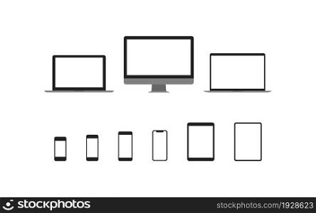 Tablet, laptop, phone, desktop mockup. Isolated device illustration, smartphone and computer in vector flat style.