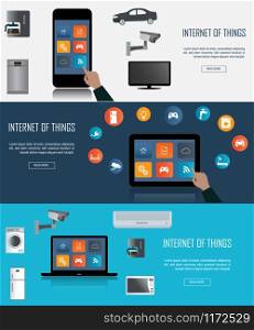 Tablet, Laptop, Smartphone with Internet of things (IoT) icons connecting together. Internet networking concept. Remote control concept for smart home comfort Internet of things.