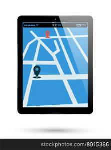 Tablet map location. Tablet map location. PC Tablet location mark map. Computer pad location point. Vector illustration.