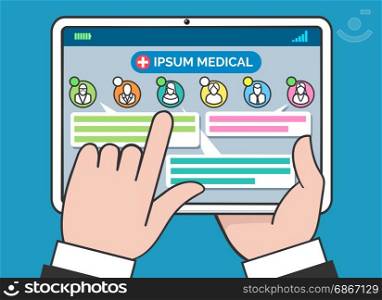 Tablet medical consulting and treatment concept. Tablet medical consulting and treatment concept. Telehealth or remote doctor and patient chat vector illustration