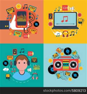 Tablet mobile music apps concept 4 flat icons composition with cd cassette player abstract isolated vector illustration. Music app consept 4 flat icons