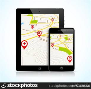 Tablet pc and phone with navigation map