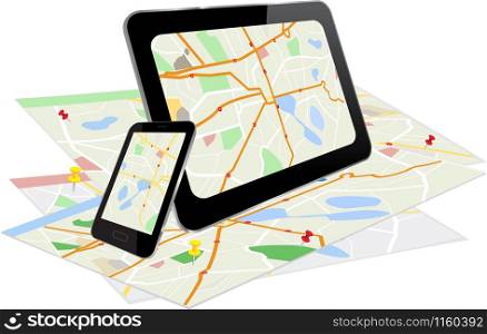 Tablet PC and Smart Phone with navigation system and a paper with maps