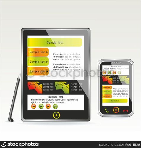 tablet PC and smartphone isolated on white reflective background. tablet PC and smartphone