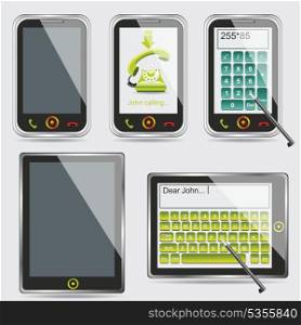 tablet PC and smartphone isolated on white reflective background . tablet PC and smartphone