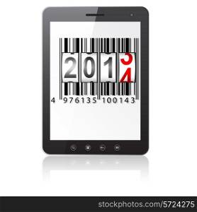 Tablet PC computer with 2014 New Year counter, barcode isolated on white background. Vector illustration.&#xA;