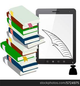 Tablet PC computer with a pen and ink with books isolated on white background. Vector illustration.