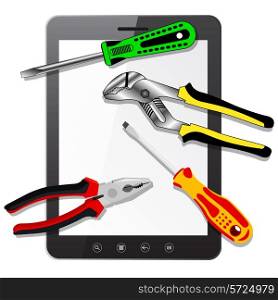 tablet PC computer with blank screen with tools isolated on white background. Vector illustration.