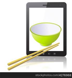 Tablet PC computer with ceramic mug with wooden sticks isolated on white background. Vector illustration.